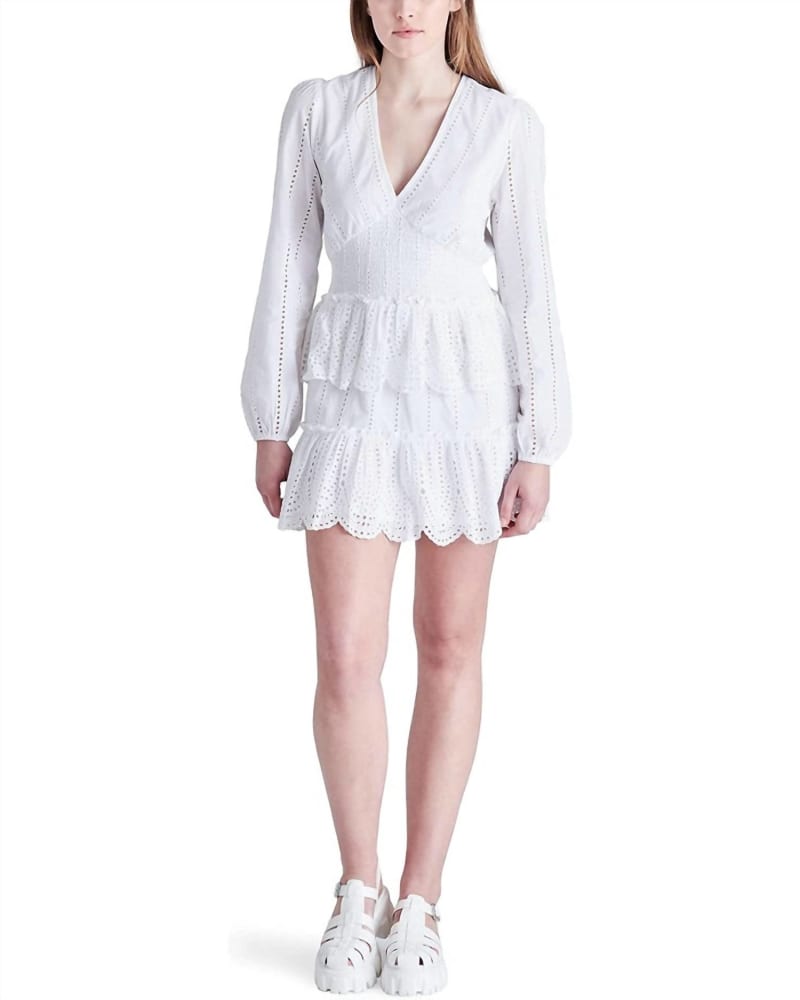Front of a model wearing a size Large Raquelle Mini Dress In Optic White in Optic White by STEVE MADDEN. | dia_product_style_image_id:342441